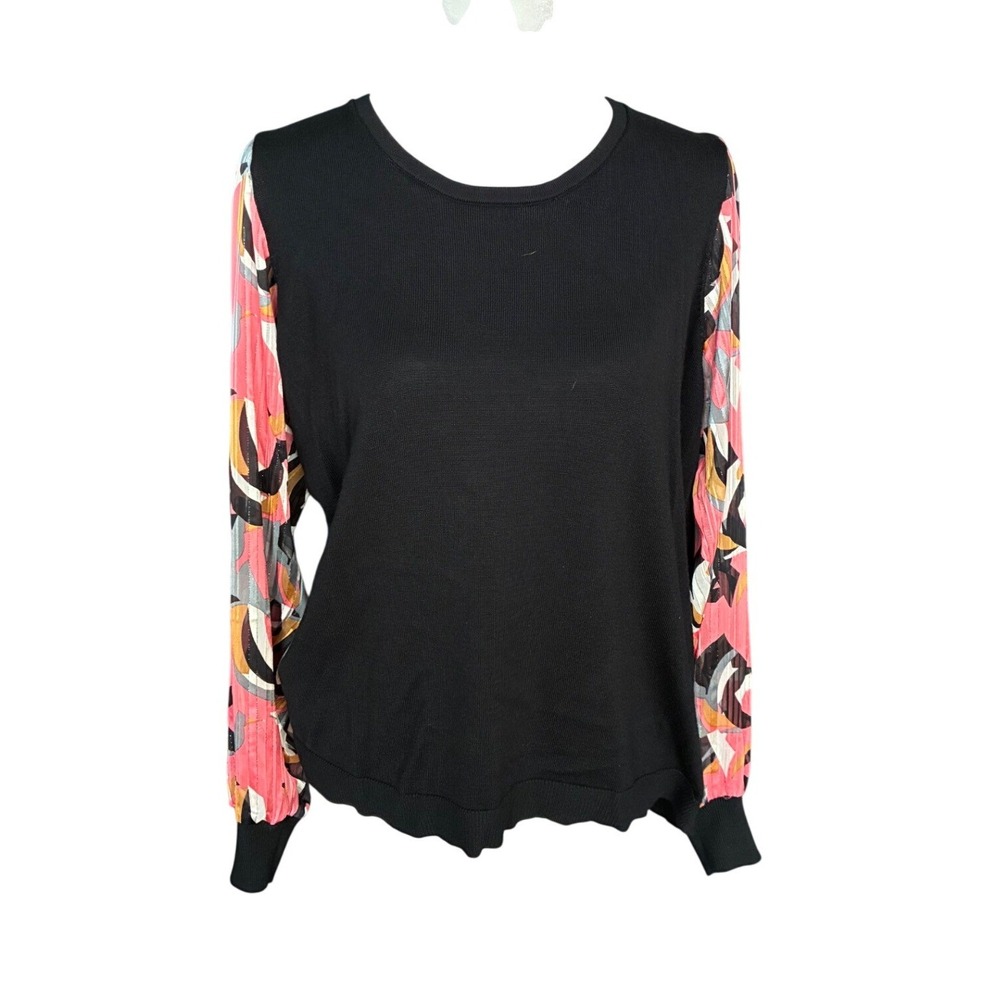 LuLaRoe Womens Large Black Knit Sweater Pleated Abstract Print Balloon Sleeve